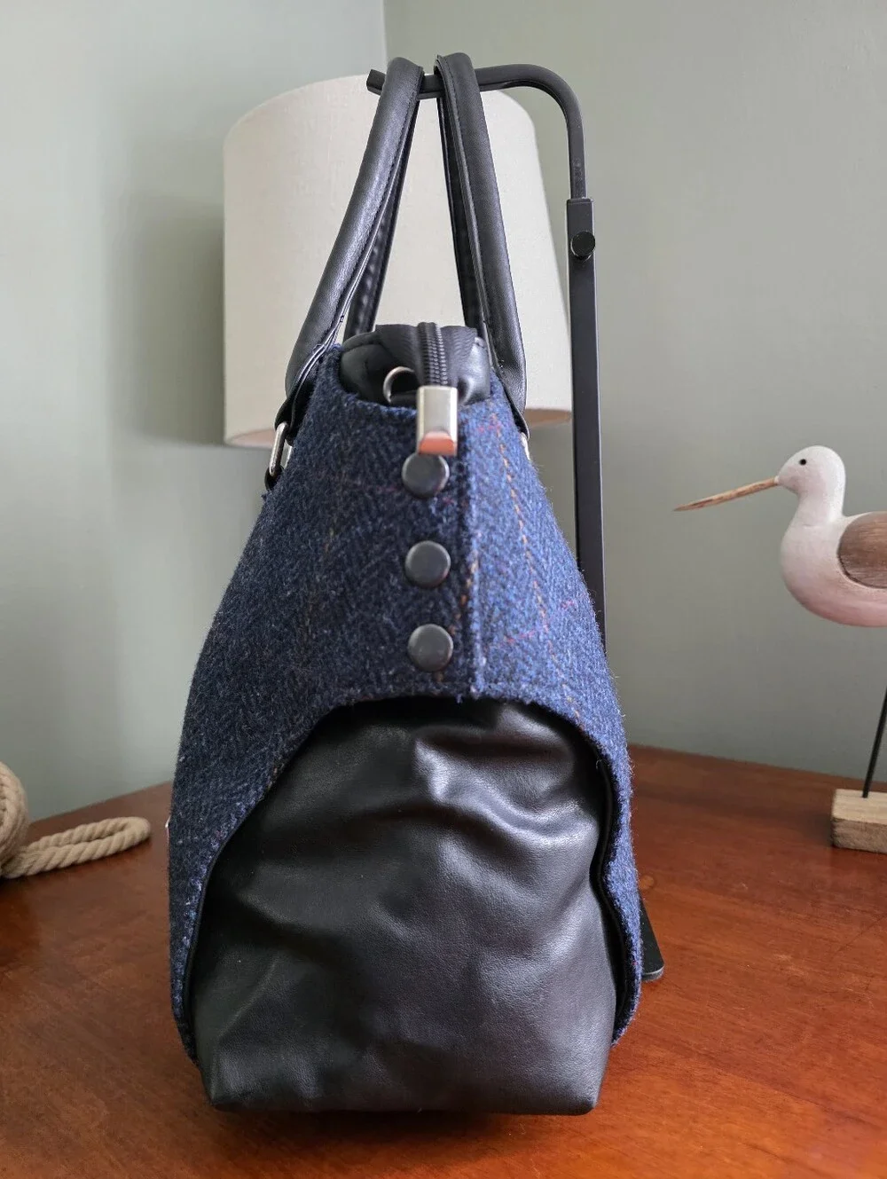 Mucros Weavers Emily Shoulder Tote Blue Black Herringbone Wool Leather Bag